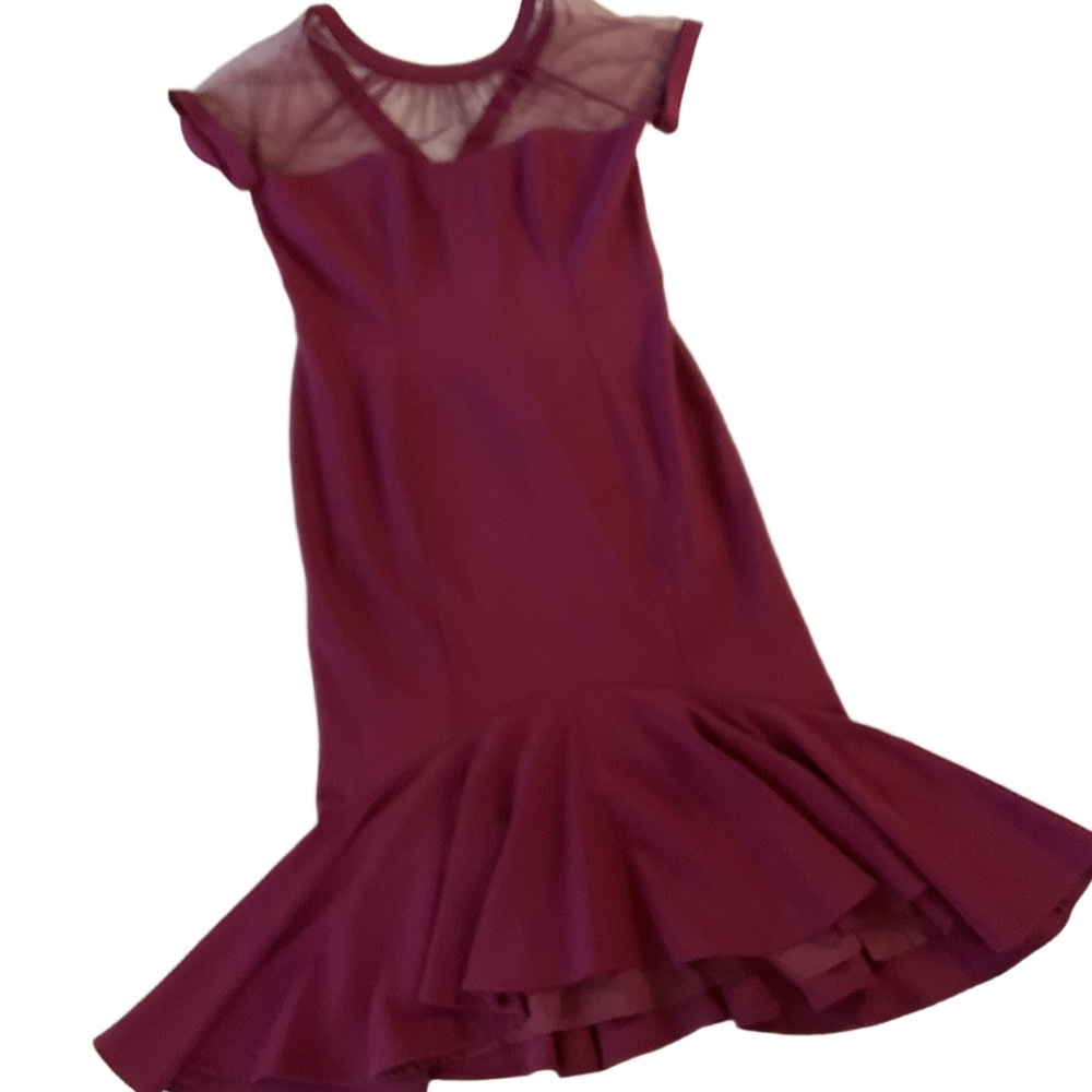 Maggy London Burgundy Cap Sleeves Mesh Neckline Ruffled Hem Mermaid Dress US 14‎